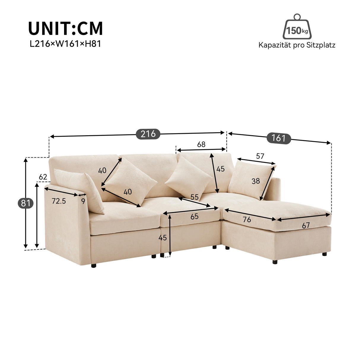 ECKSOFA Chenille mit Hocker 216/161/81 cm Beige inklusive 4 Kissen - Beige, Textil (161/216cm) - Redom