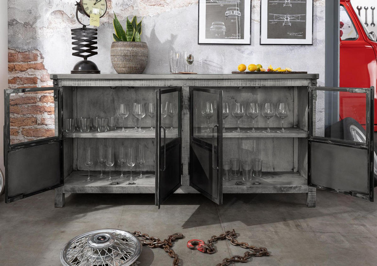 SIDEBOARD Mango 180x40x90 grau lackiert HEAVY INDUSTRY #150 - Grau, Holz (180/90/40cm) - Massivmoebel24