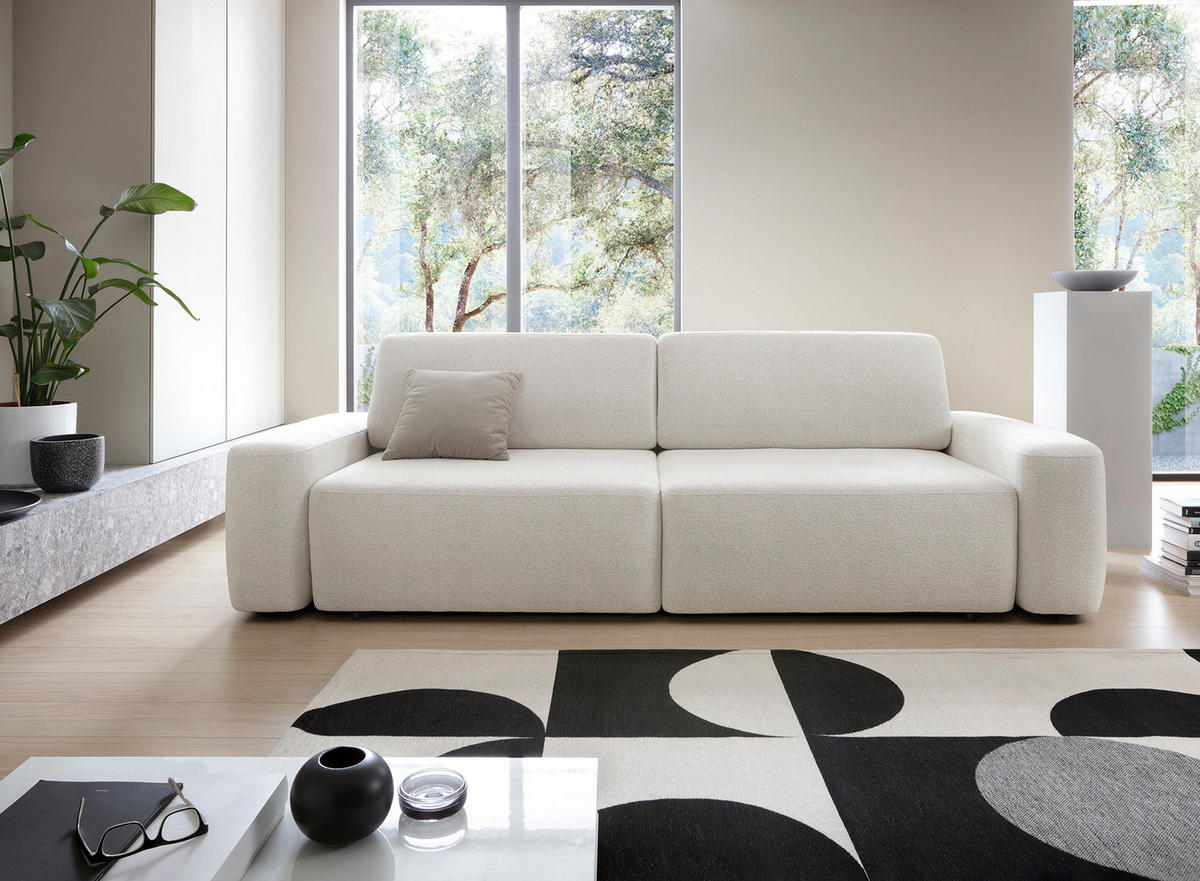 SOFA 4-Sitzer freistehend, Bettzeugcontainer, Polsterung aus PUR-Schaum, Stoff Raven, Schlaffunktion: 120x200 cm, Größe: 257x82x105 cm, Beige - Beige, Holz/Textil (257/82/105cm) - DomoHome