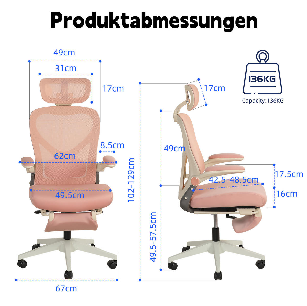 DREHSTUHL 67/67/129 cm pink aus Schaumstoff mit Mesh-Rückenlehne und klappbarer Rückenlehne - Pink, Kunststoff (62/129/48.5cm) - OKWISH