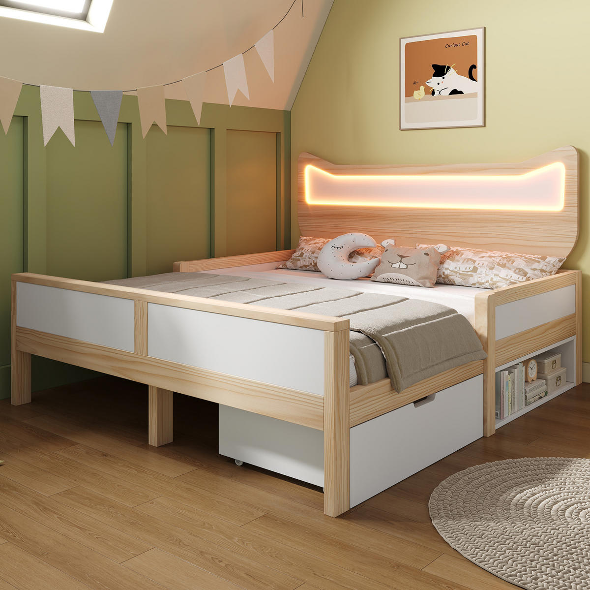 KINDERBETT 140/200 cm Weiß/Eiche mit RGB-LED, Katzenkopfteil, Schublade, Staufach und Schutzgitter - Naturfarben, Holz (140/200cm) - OKMYHOME