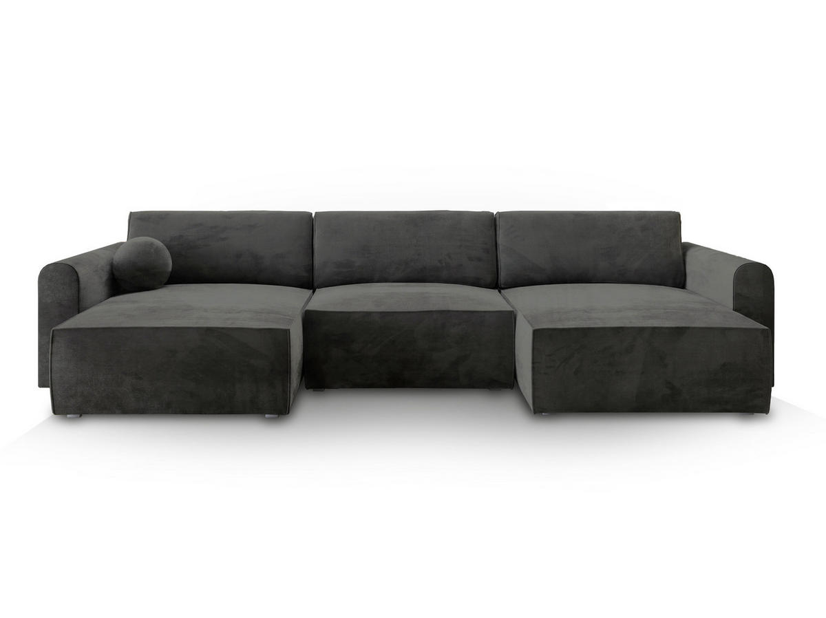 WOHNLANDSCHAFT FENTO M Schwarz Velours-Stoff mit Schlaffunktion - Schwarz, Holz (347/90/148cm) - MASSENO