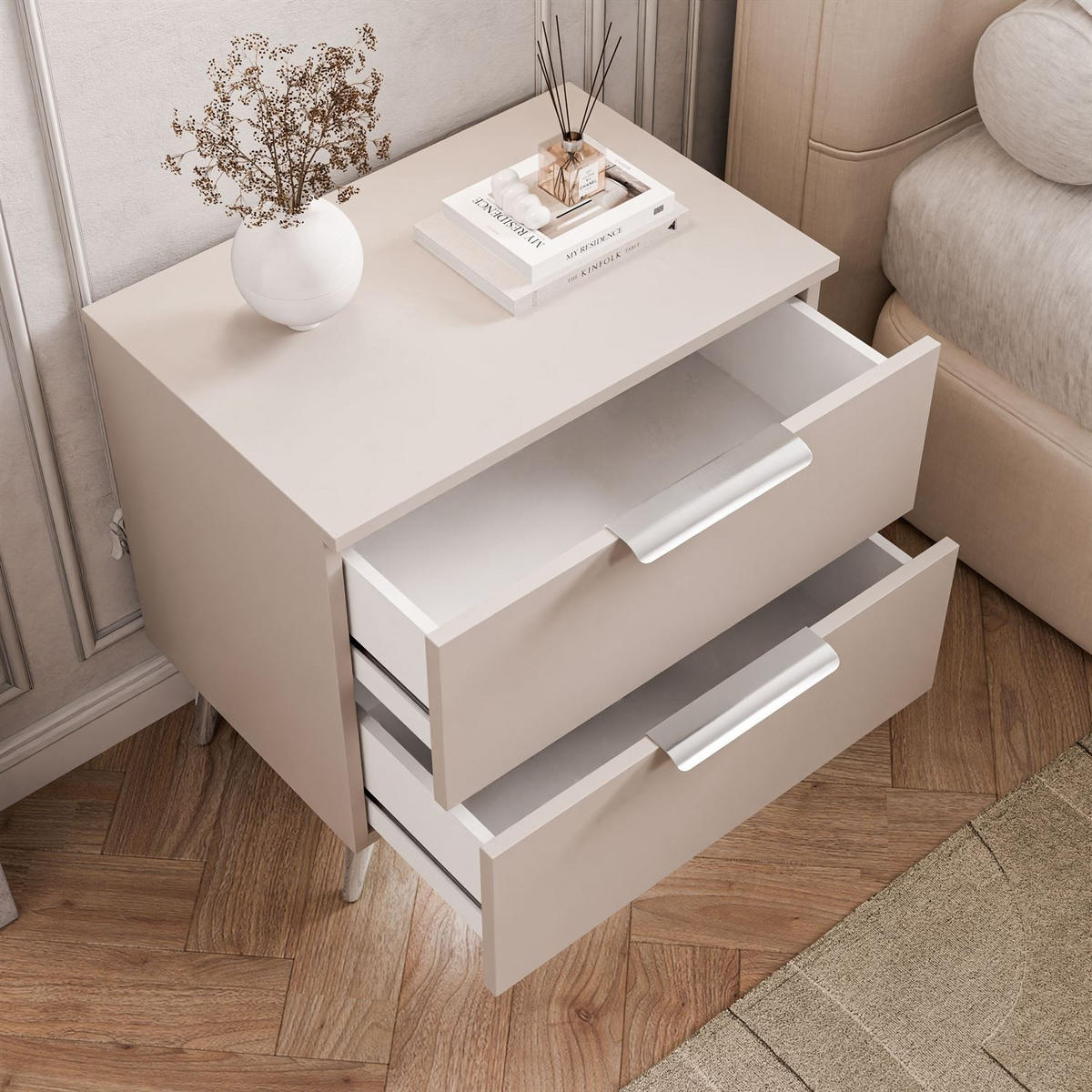 NACHTKOMMODE LINA KASCHMIR 2S auf schrägen Beinen LED silberne Griffe und Beine - Beige, Holzwerkstoff (55/55/37cm) - Lookway