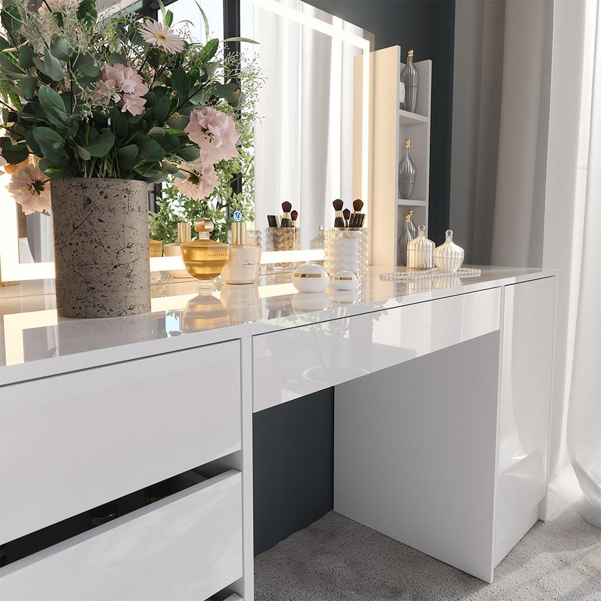 SCHMINKTISCH Sherry Weiß/Weiß Hochglanz 158.2 cm 4 Teile - Weiß Hochglanz, Holzwerkstoff (158.2/76/50.1cm) - Vicco