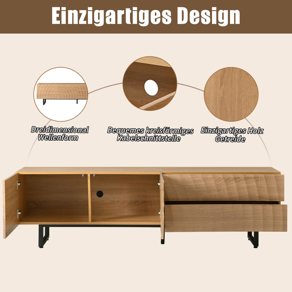 TV-SCHRANK 180x38x51.5 Niedrig 3D-Textur Modernes Design - Naturfarben, Holzwerkstoff (38/51.5/180cm) - FLIEKS