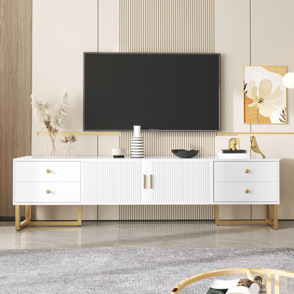 TV-ELEMENT175X30X46CM Weiß mit strukturierten Türen und goldenen Griffen - Weiß, Holz (33/19/47cm) - Raelunyi