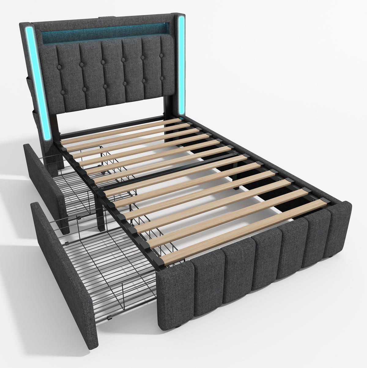 POLSTERBETT 90/200 cm Grau aus Leinen mit LED-Beleuchtung, Ladefunktion und 2 Schubladen - Grau, Textil (90/200cm) - OKMYHOME
