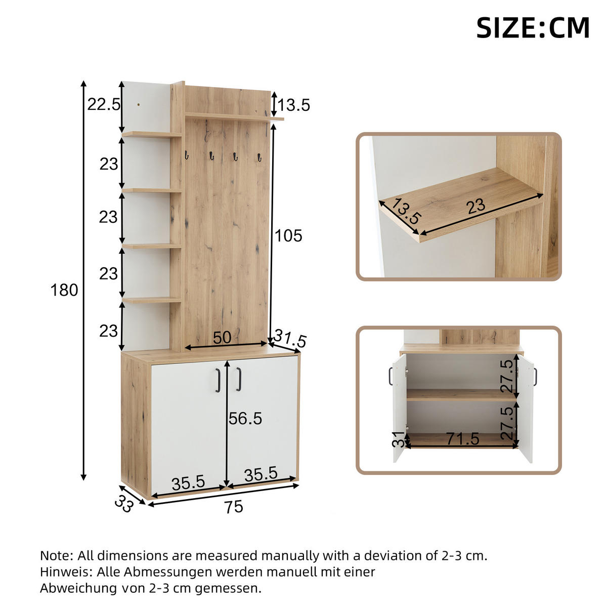 FLURGARDEROBE 75/33/180 cm mit Schuhablage und Schrank in Natur/Weiß - Naturfarben, Holzwerkstoff (75/180/33cm) - BEAOK