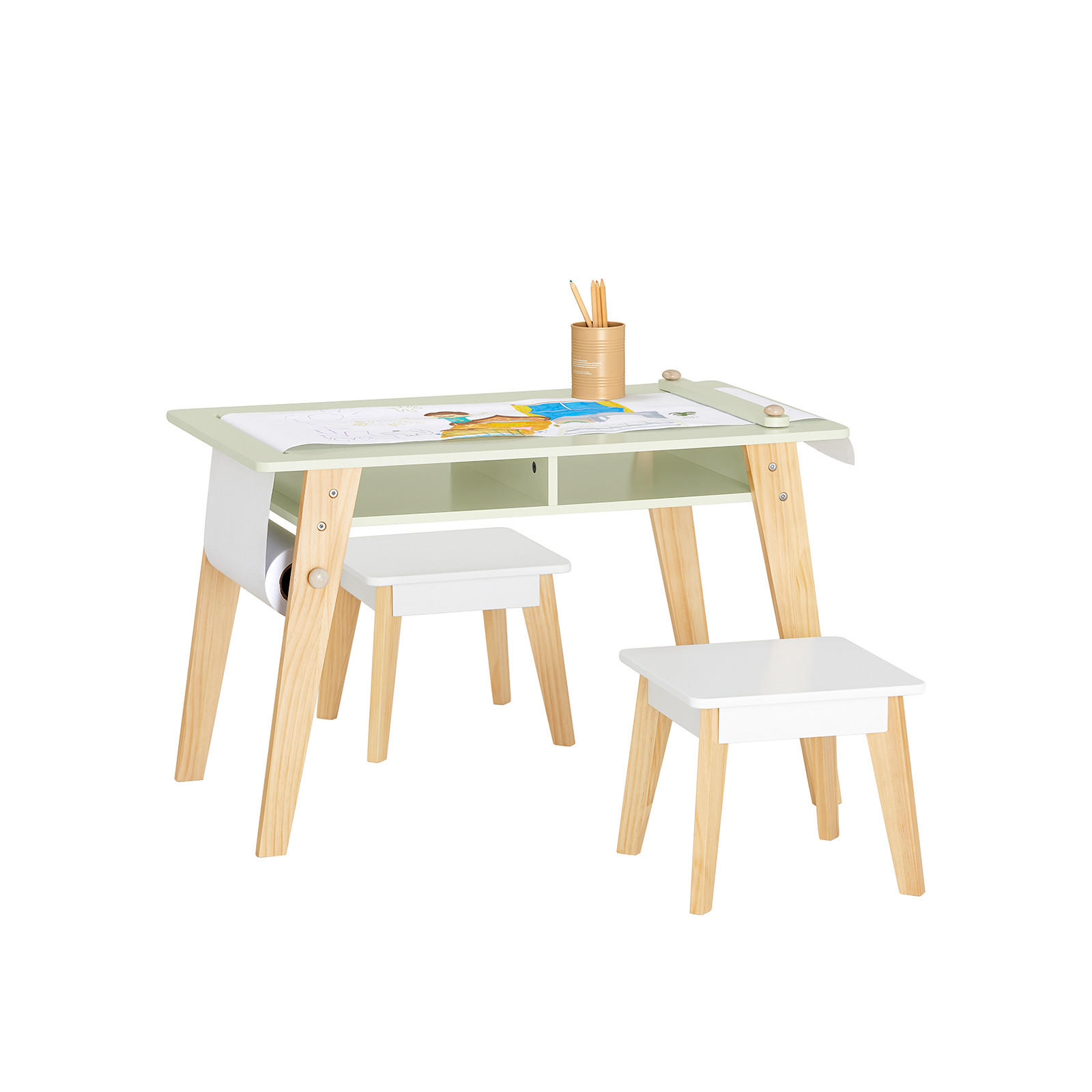 SoBuy STŮL se 2 dětskými stoličkami a 1 policí Zelená 80x48x50cm Nordický