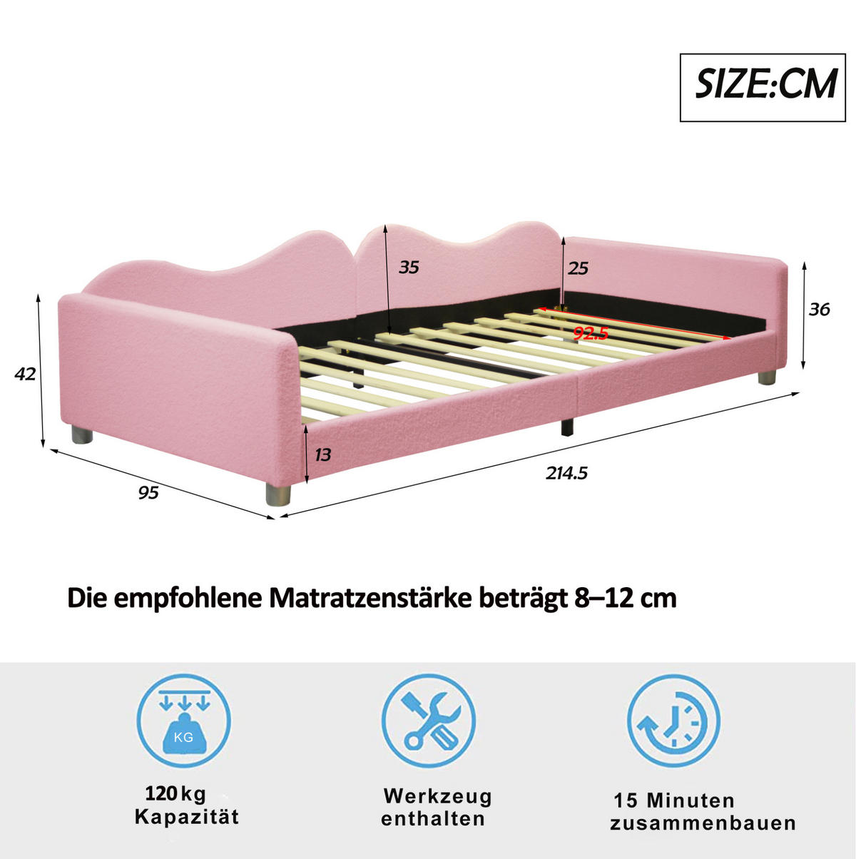 KINDERBETT 90/200 cm als Schlafsofa mit Rückenlehne, Armlehnen und Teddystoff, Rosa - Rosa, Textil (90/200cm) - Redom