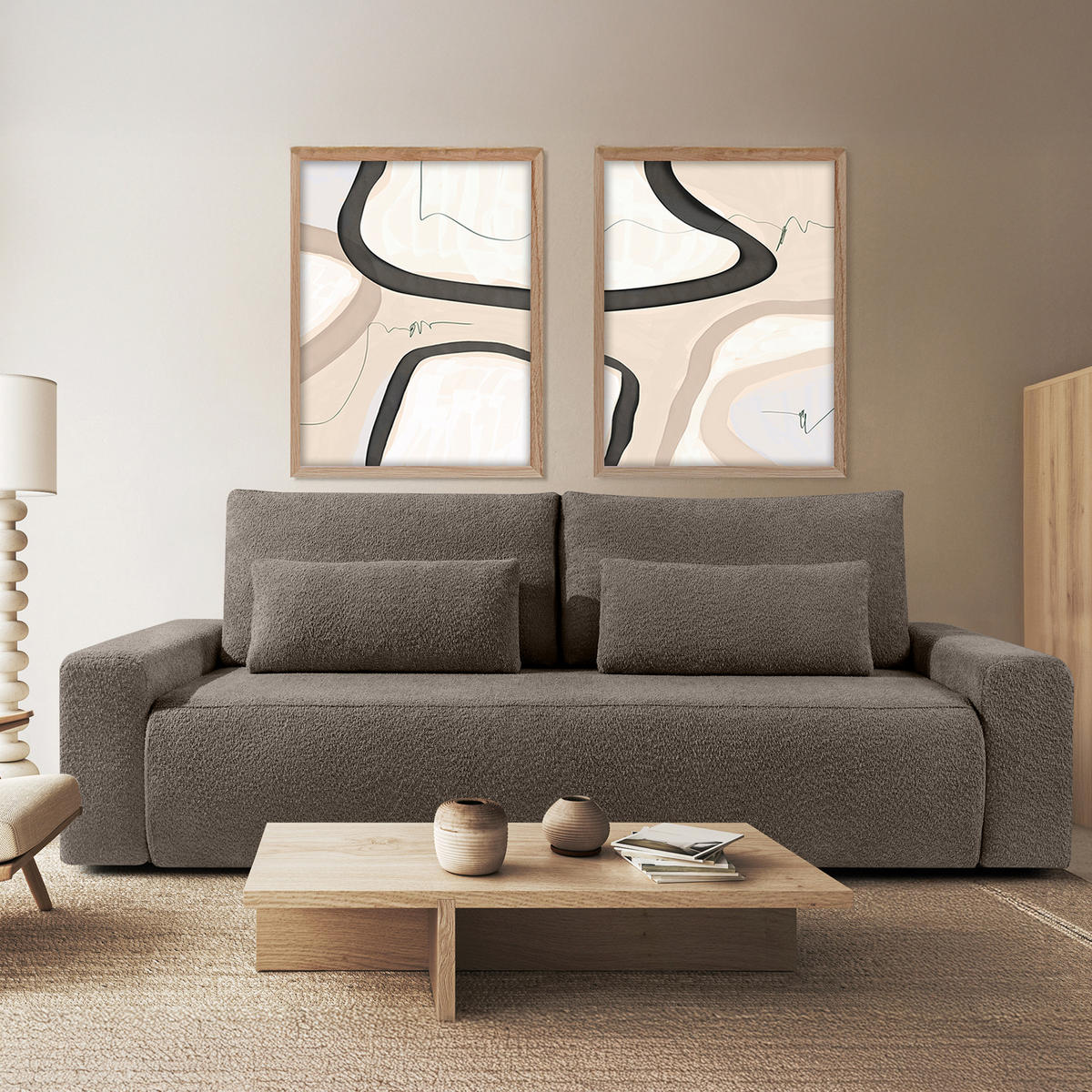 3-SITZER SCHLAFSOFA MOLLIS, Bouclé, Kühles Braun - Braun, Holz/Holzwerkstoff (250/93/108cm) - KONSIMO®