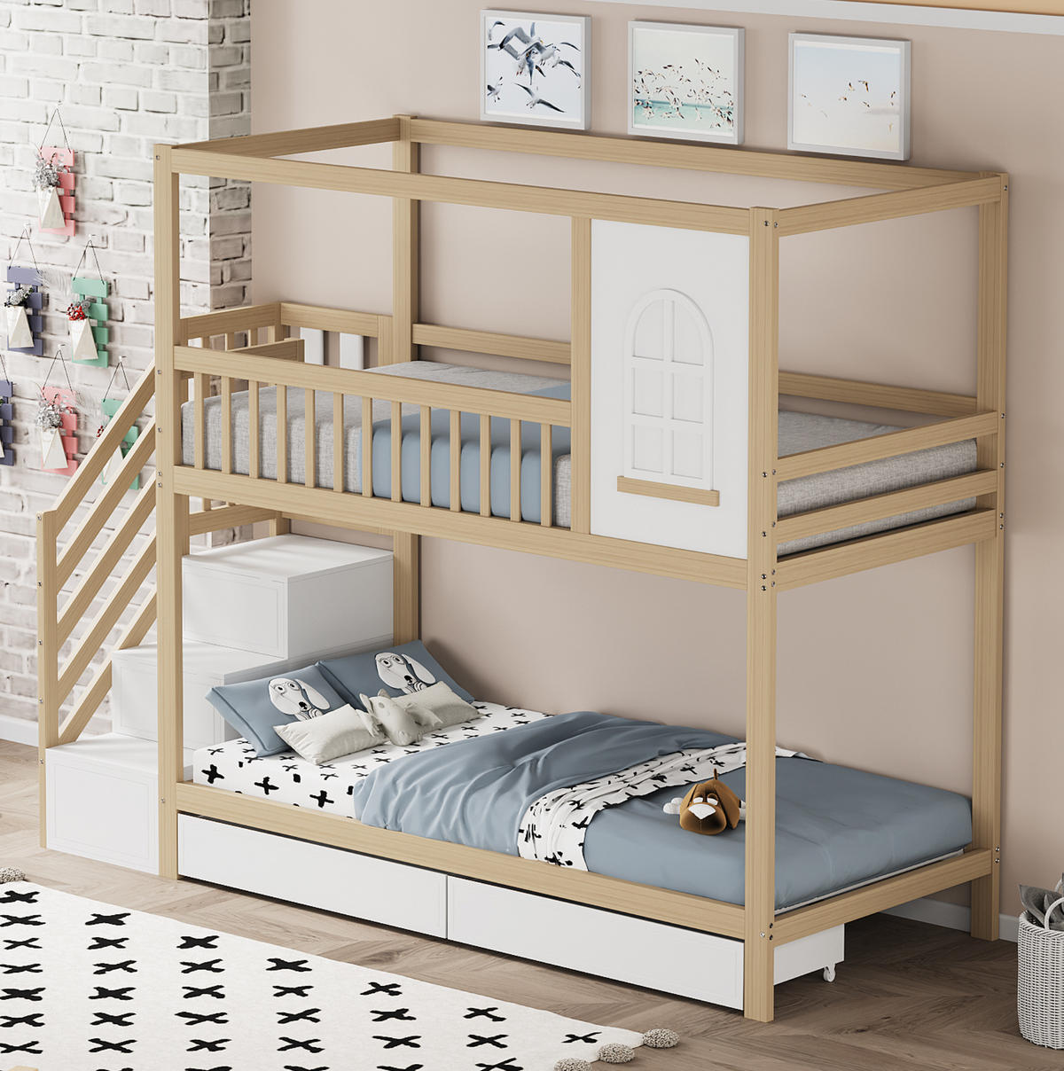 ETAGENBETT 90/200 cm Massivholz mit Leitereinheit und Stauraum - Naturfarben, Holz (90/200cm) - OKWISH