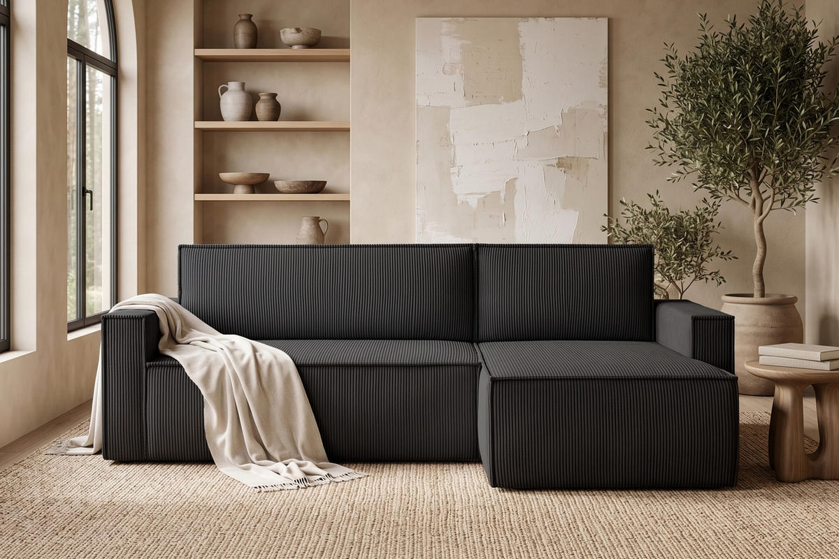 ECKSOFA-LINKS/RECHTS NAPI Schlaffunktion mit Cordbezug, dunkelgrau - Dunkelgrau/Schwarz, Textil (246/148cm) - KONSIMO®