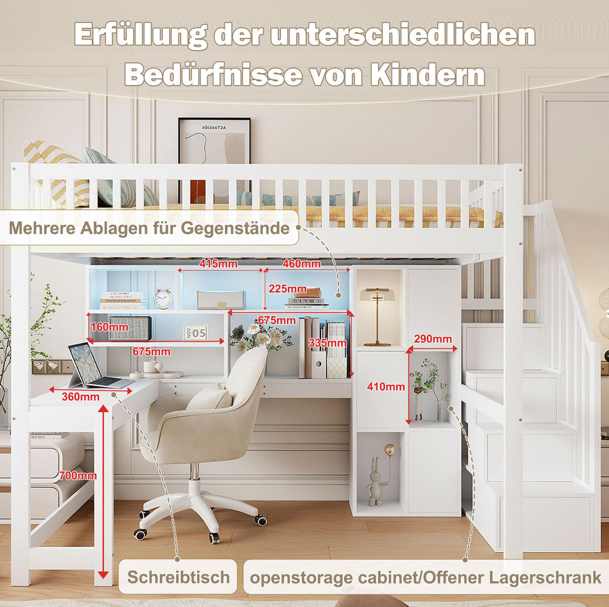 HOCHBETT aus Kiefernholz 140x200 cm Weiß mit LED-Beleuchtung, Stauraumtreppe und Schreibtisch - Weiß, Holzwerkstoff (140/200cm) - IVMEU