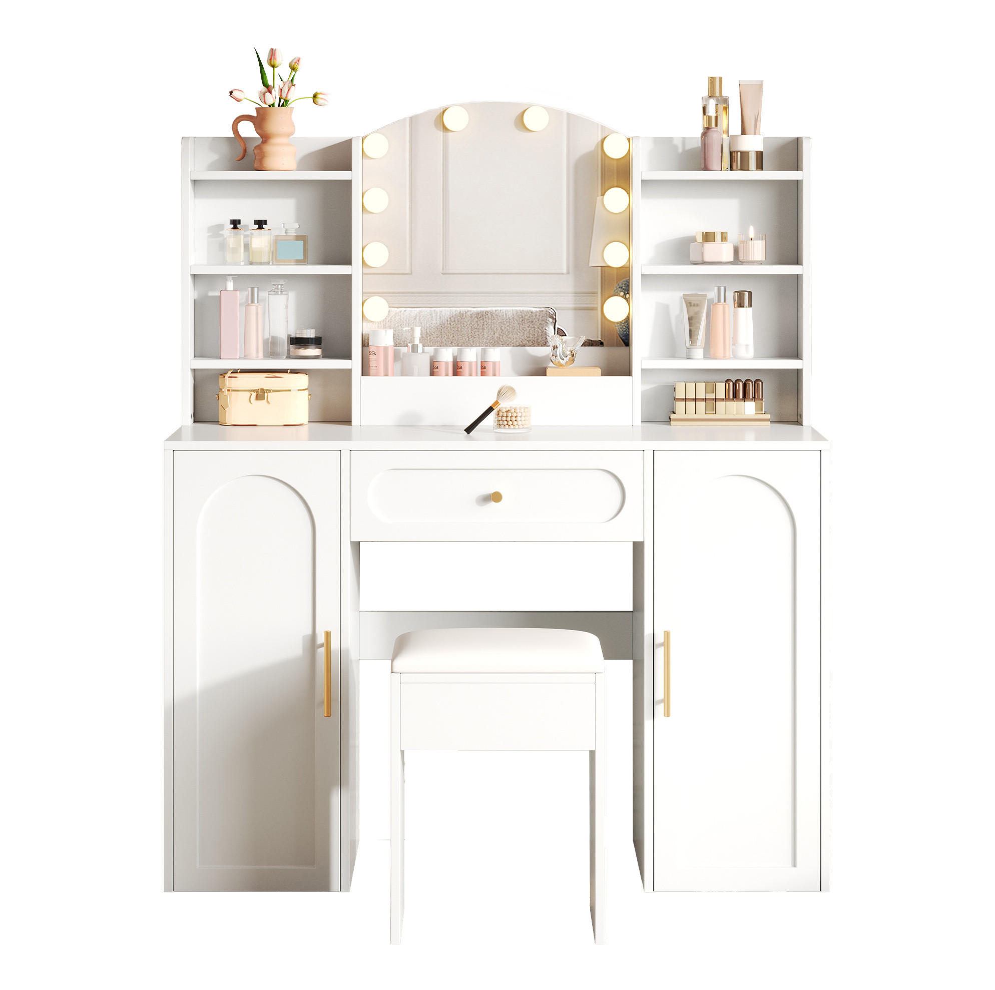 SCHMINKTISCH aus MDF und Spanplatte 110x40x132 cm Weiß mit LED-Spiegel, Hocker, 2 Schränken und Schublade - Weiß, Holzwerkstoff (110/132/40cm) - Modfu