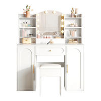 SCHMINKTISCH aus MDF und Spanplatte 110x40x132 cm Weiß mit LED-Spiegel, Hocker, 2 Schränken und Schublade - Weiß, Holzwerkstoff (110/132/40cm) - Modfu