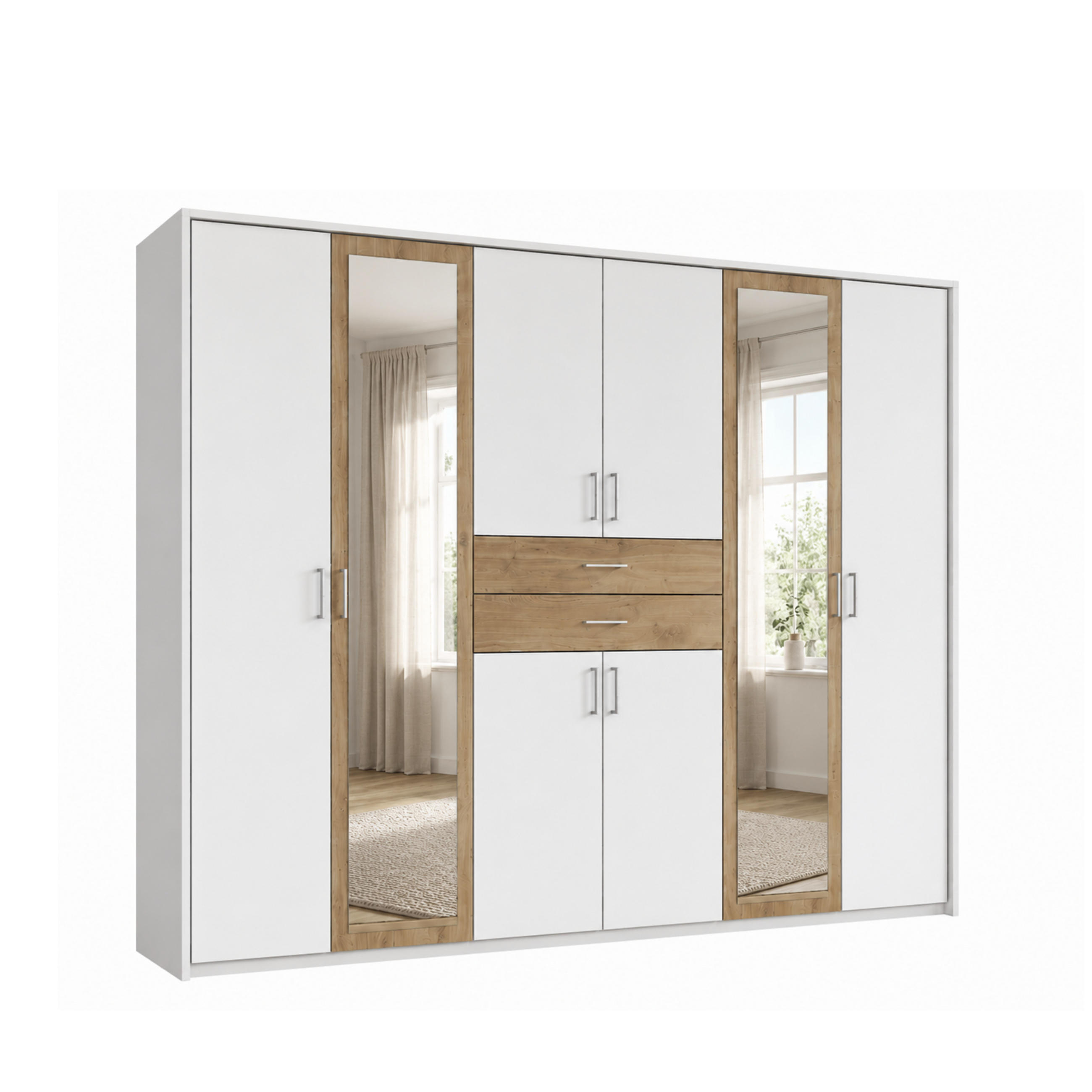 luma-home SKŘÍŇ S OTOČNÝMI DVEŘMI, 273 × 58 × 210 cm (Š×H×V), pasparta, zásuvky, 2 zrcadlové dveře, bílá/dekor dubu / 22602