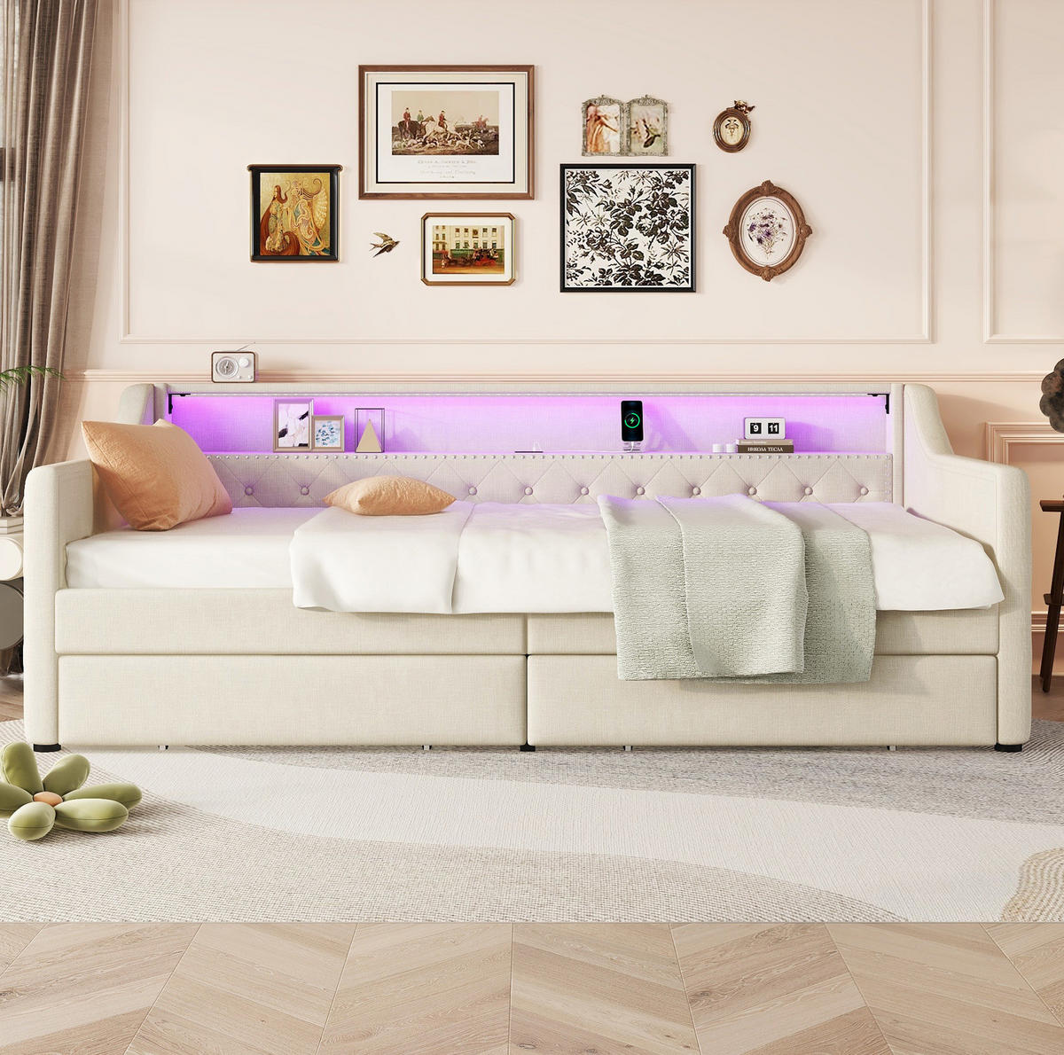 POLSTERBETT mit LED-Beleuchtung 90/200 cm mit 2 Schubladen und USB-Anschluss - Beige, Textil (90/200cm) - BEAOK