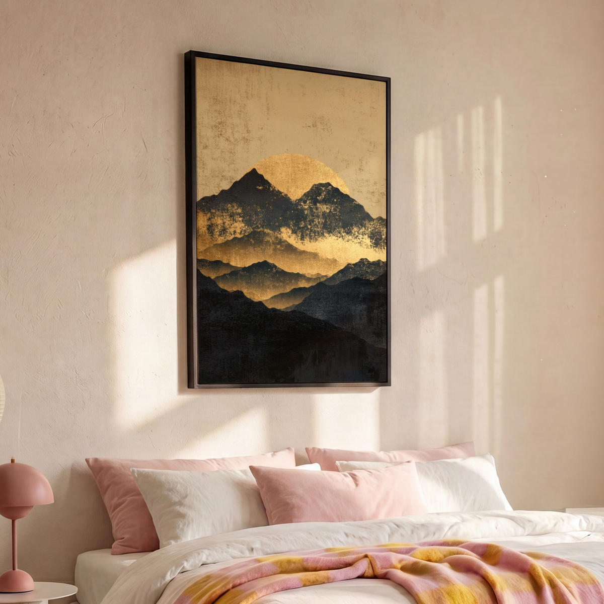 LEINWAND Bilder mit Rahmen - Goldene Berge bei Mondschein - 100x150 - Goldfarben, Textil (100/150cm) - MuchoWow