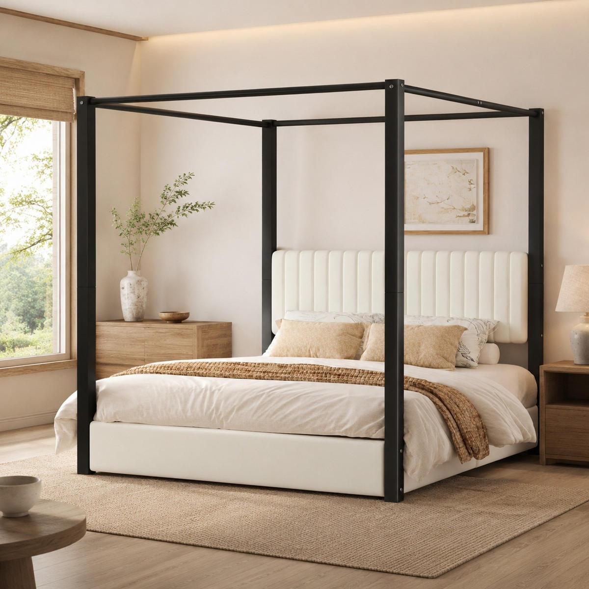 POLSTERBETT 180/200 mit Himmelbettgestell, gepolstertem Kopfteil und Metallrahmen in Beige+Schwarz - Beige/Schwarz, Holzwerkstoff/Textil (180/200cm) - EVRYAE