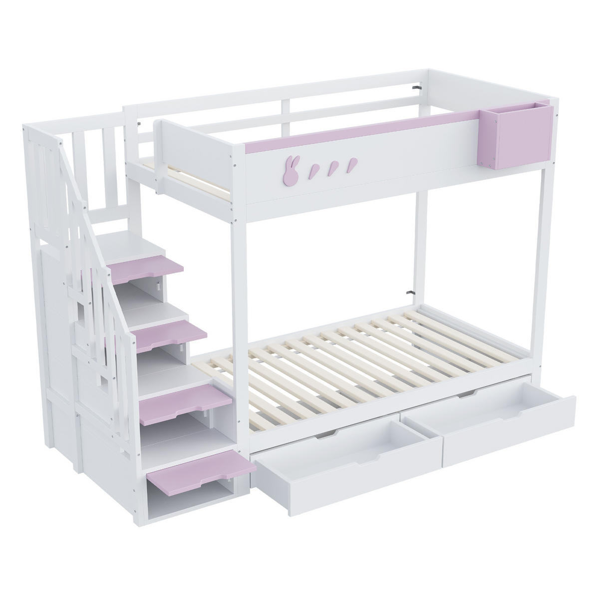ETAGENBETT 90/200 cm mit Stauraumleiter, Schubladen und abnehmbarem Ablagefach, Weiß/Rosa - Weiß, Holzwerkstoff (90/200cm) - Redom