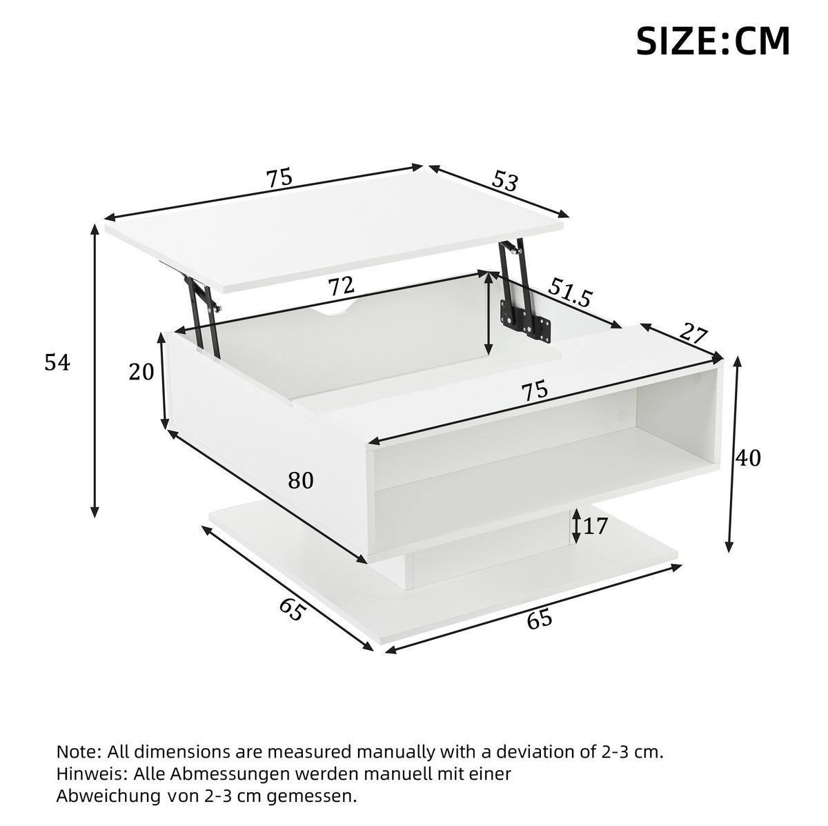 COUCHTISCH 80/75/40 cm Weiß aus Spanplatte mit Liftfunktion, LED-Lichtstreifen und Stauraum - Weiß, Holzwerkstoff (80/75/40cm) - OKMYHOME