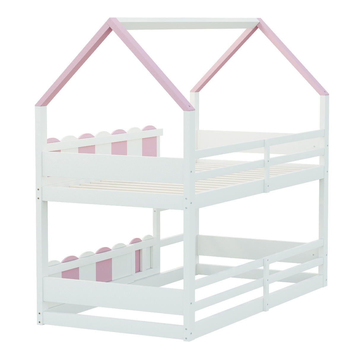 KINDER-ETAGENBETT aus Holz Rosa-Weiß 90×200cm mit hausförmigem Design und erhöhten Sicherheitsgeländern - Rosa, Holz (90/200cm) - Luhomfu