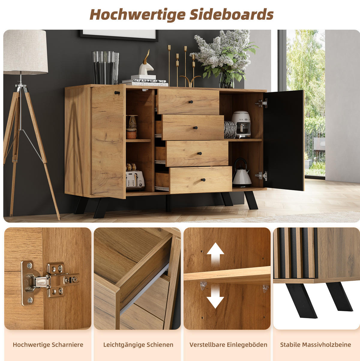 KOMODA 120/38/75 cm crna i prirodna od MDF-a s 4 ladice i 2 ormarića - crna, drvni materijal (120/75/38cm) - OKWISH
