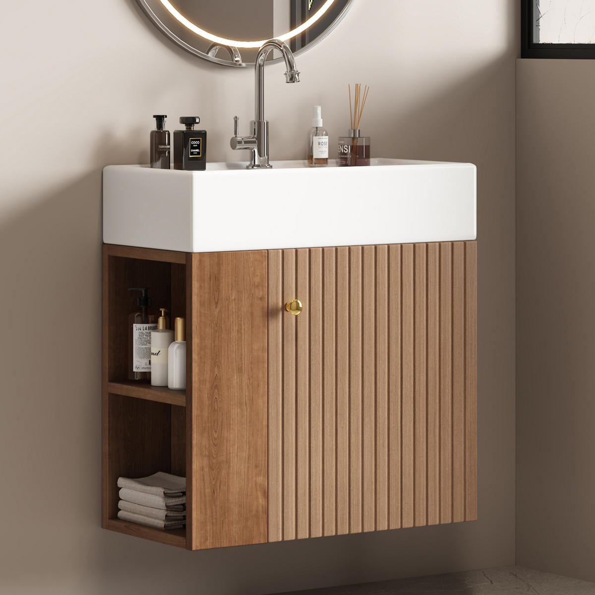 BADEZIMMERSCHRANK 55x31x66.5 cm Braun & Weiß aus Kunststoff mit Keramikbecken & 3D-Paneel - Braun, Holzwerkstoff (55/66.5/31cm) - Modfu