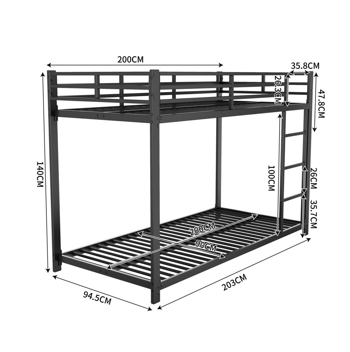 ETAGENBETT 90/200 cm aus Metall in Schwarz – platzsparend und stabil - Schwarz, Metall (90/200cm) - Flora Grace