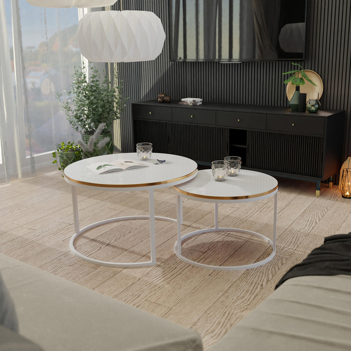 COUCHTISCH rund Klein, Weißglanz, Rahmen Weiß+gold furnier - Goldfarben/Weiß, Holzwerkstoff (70/70/48cm) - Idohome