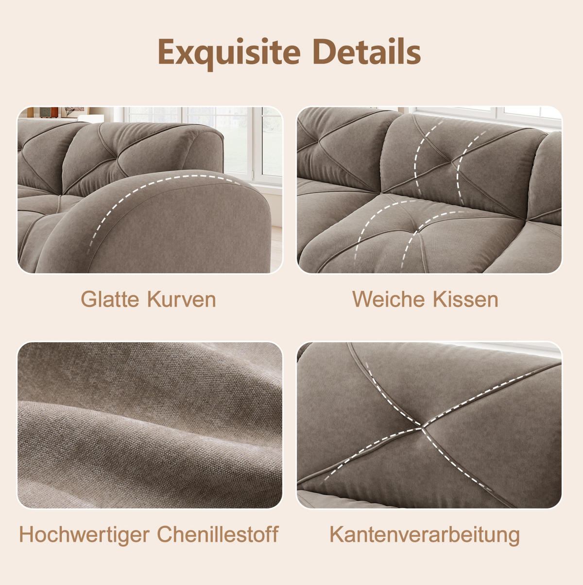 2-SITZER-MODULSOFA rahmenlos mit 32D-Hochdichteschaum, flexible Form und keine Montage, Braun - Braun, Textil (204/76/95cm) - Redom