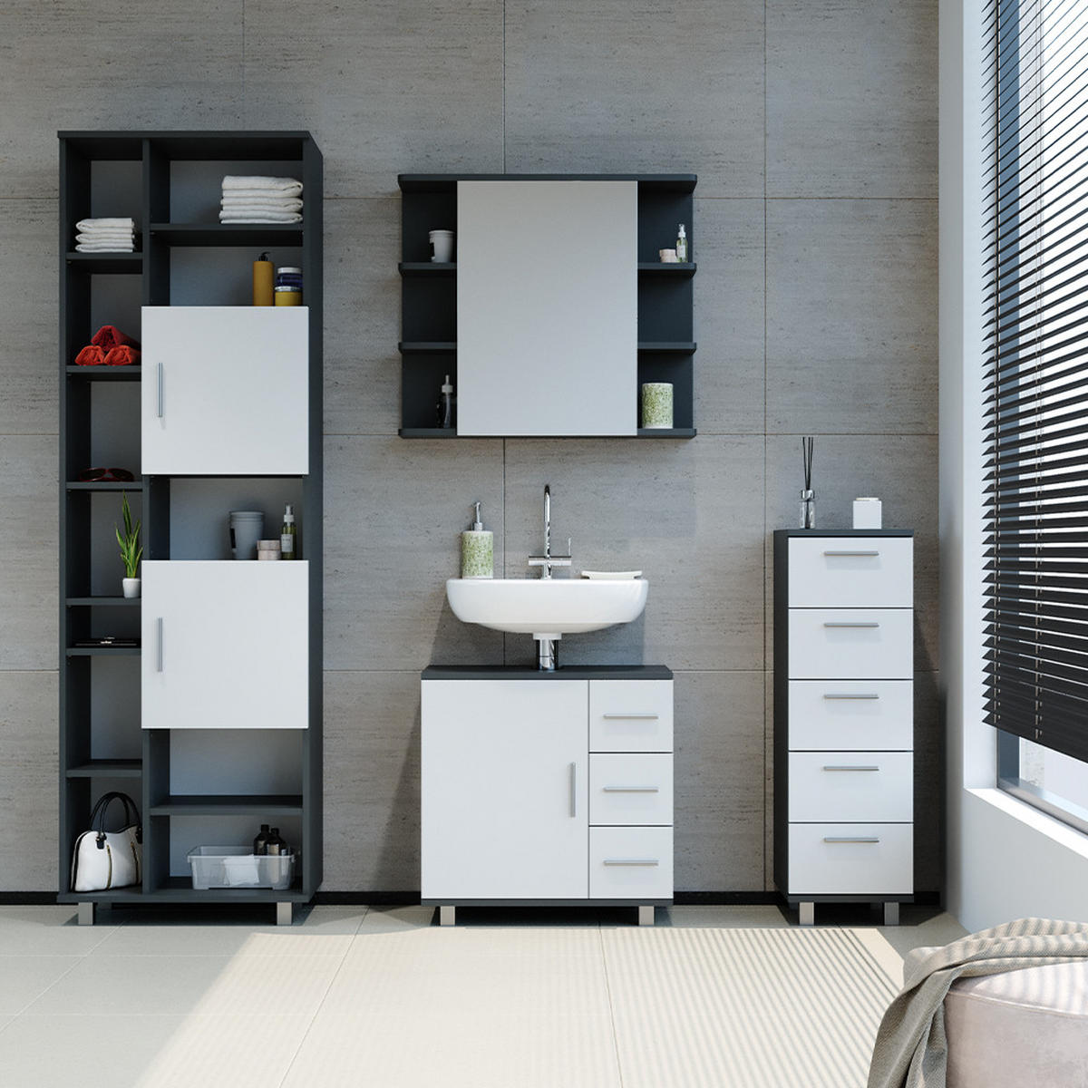BADSCHRANK Ilias Anthrazit/Weiß 60 x 190 cm - Anthrazit/Weiß, Holzwerkstoff (60/190/30cm) - Vicco