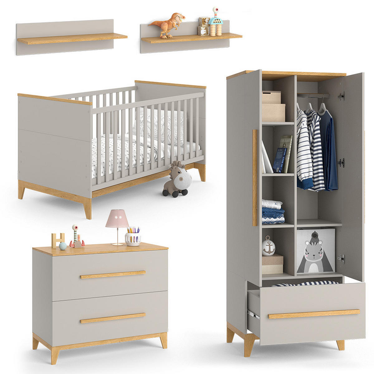 KINDERZIMMER-SET Malia Cashmere-Eiche 5 Teile - Kaschmir/Eichefarben, Holzwerkstoff (108/98/70cm) - VitaliSpa