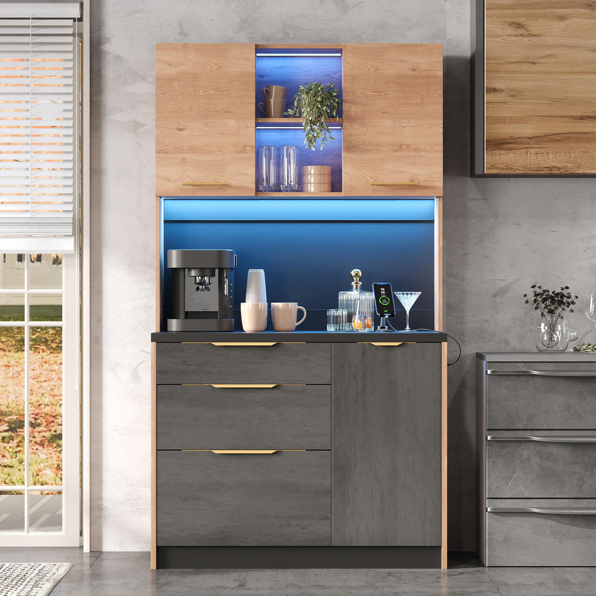 BUFFET 100/40/180 cm Neutral mit einstellbare LED-Beleuchtung und 3 Schubladen - Naturfarben, Holz (100/180/40cm) - Oxeza