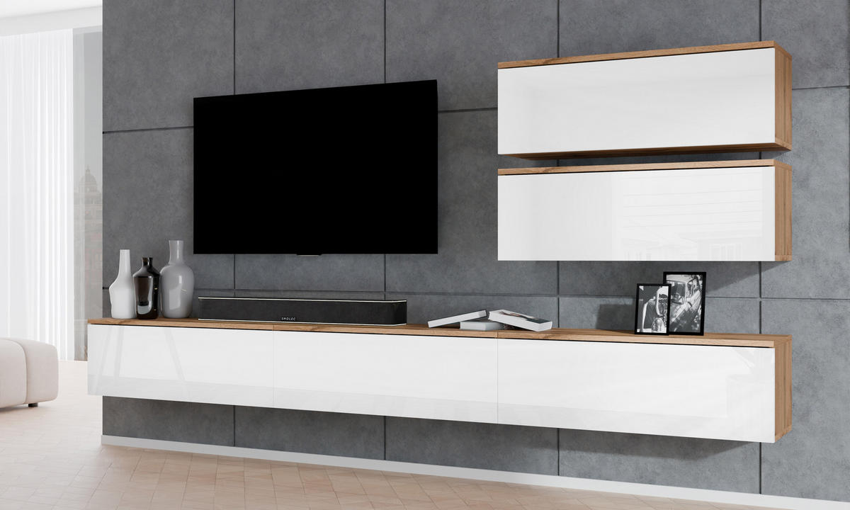 WOHNWAND Loriano V Eiche, Wotan, Weiß Hochglanz 300/102/32 cm Anbauwand - Braun/Weiß, Holzwerkstoff/Kunststoff (300/102/32cm) - AX Living