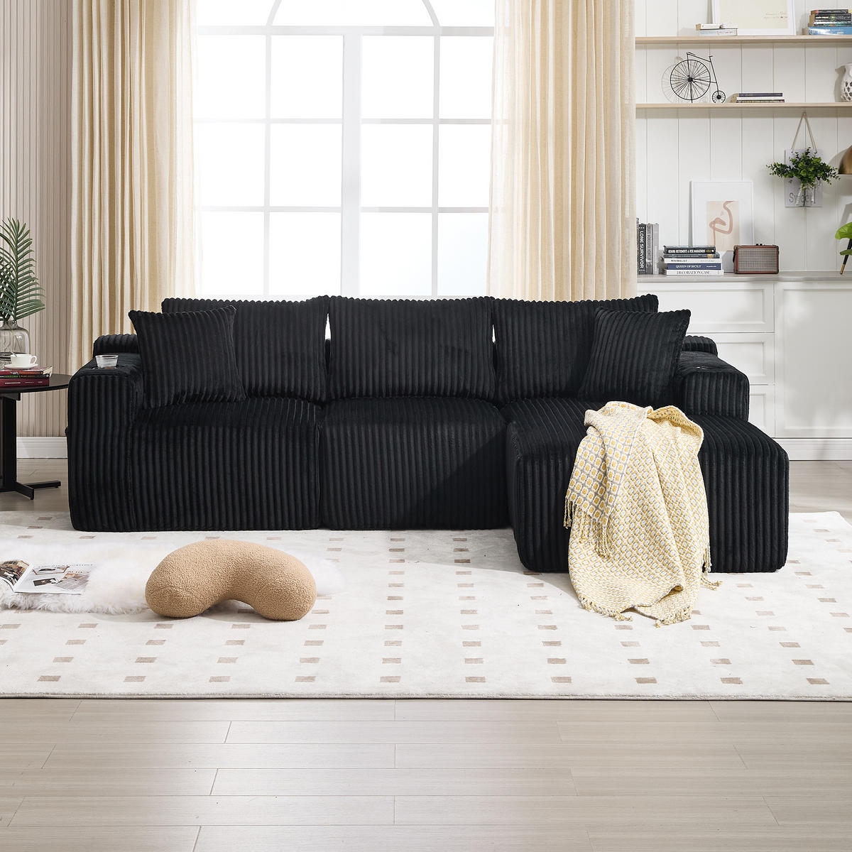 MODULARES Sofa-Set Cord mit Chaiselongue und 2-Sitzer Taschen und Getränkehalter 257/90-160/62 cm Schwarz - Schwarz, Textil (160/257cm) - Redom