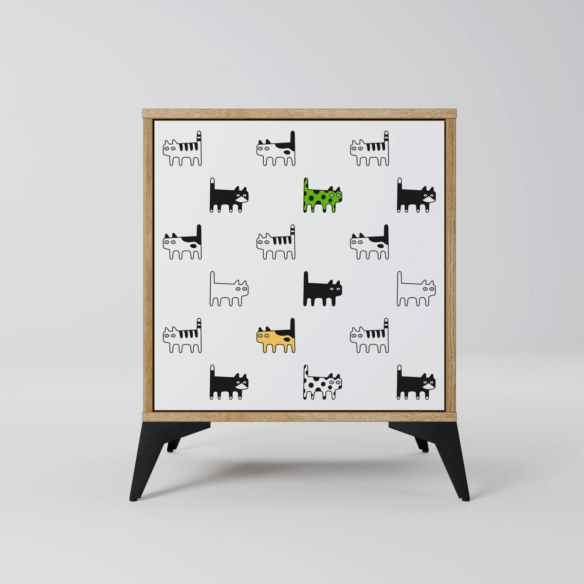 SIDEBOARD CATS COMPILATION, Eichefarben, 57,5x42x72,5 cm, Schwarze Metallfüße - Eichefarben/Multicolor, Holzwerkstoff/Metall (57.5/72.5/42cm) - SpaceRebels