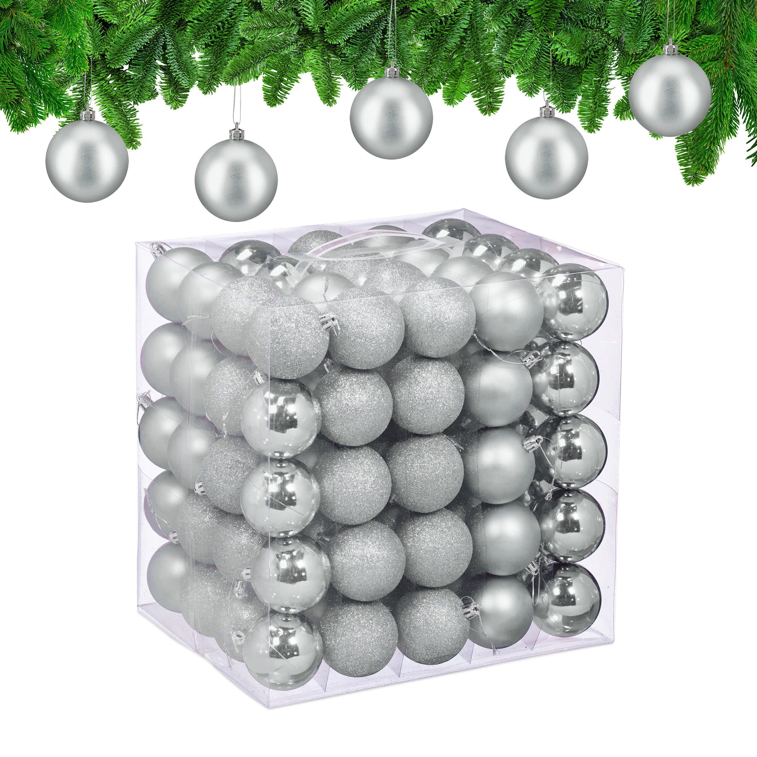 100XWEIHNACHTSKUGELN - Silberfarben, Kunststoff (6/7/6cm) - Relaxdays