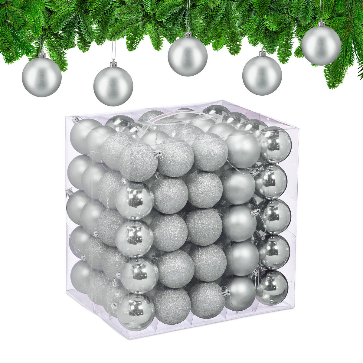100XWEIHNACHTSKUGELN - Silberfarben, Kunststoff (6/7/6cm) - Relaxdays