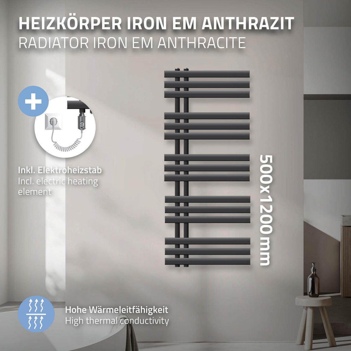 BADHEIZKÖRPER elektrisch Iron EM 500x1200 mm Anthrazit mit Heizstab 1200W - Anthrazit, Metall (50/120/3cm) - LuxeBath