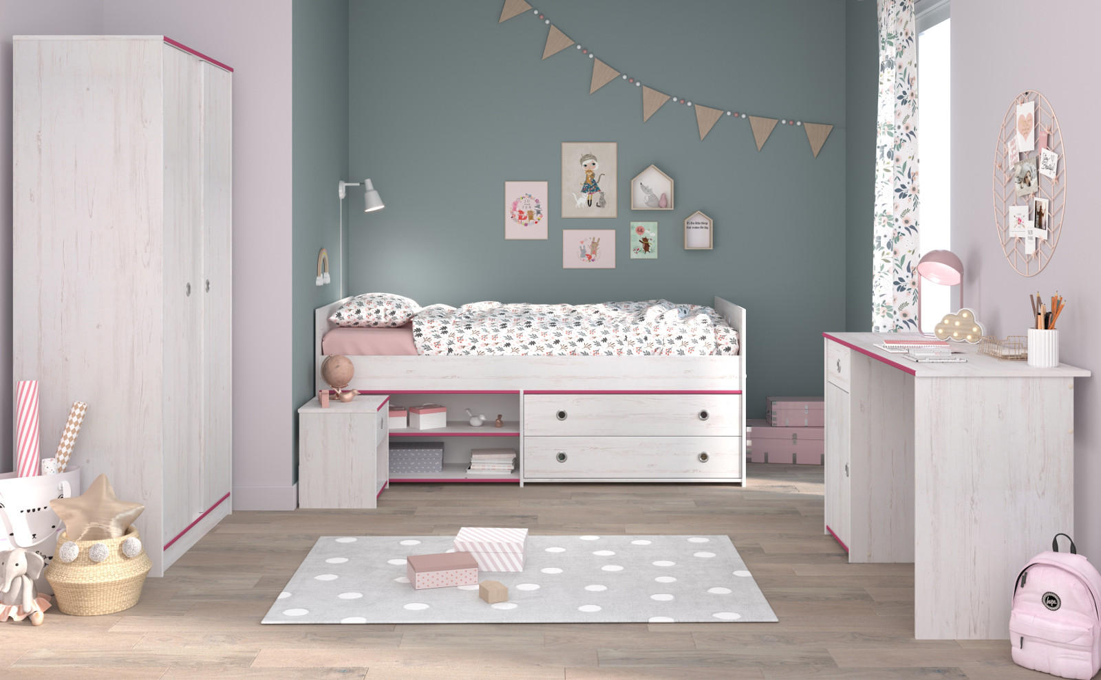 KINDERZIMMER Set Kleiderschrank Schreibtisch Stauraumbett 90x200 cm - Weiß/Kieferfarben, Holz/Holzwerkstoff (203/182/95cm) - Parisot Meuble