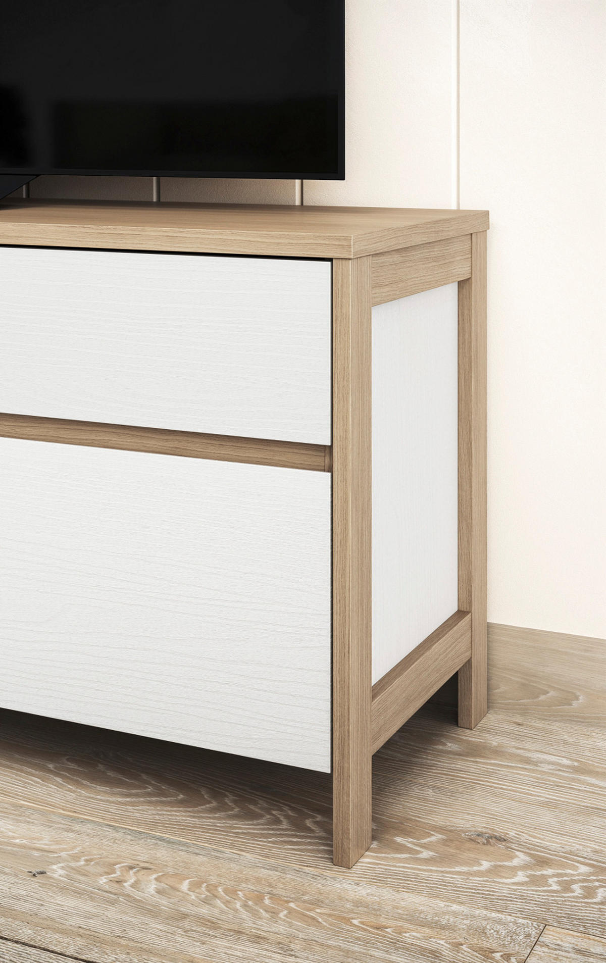 WOHNWAND weiß, Eiche 4-teilig 360 cm, Wohnkombination skandinavisch mit Soft-Close, Finnes - Eichefarben/Weiß, Holzwerkstoff/Metall (363/195/39cm) - Furn.Design