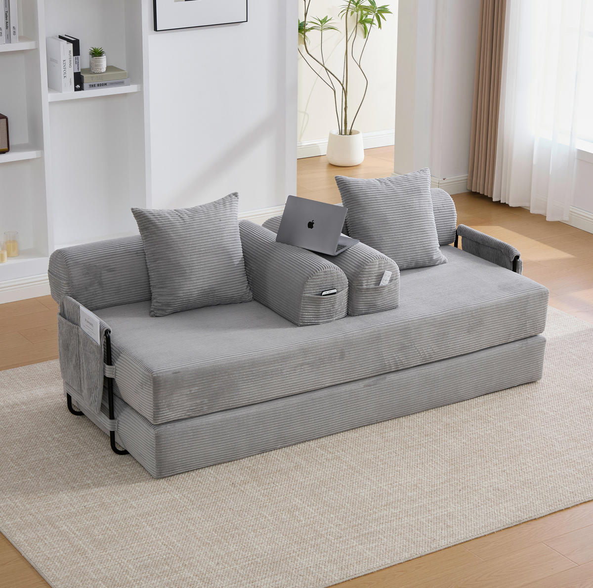 SOFA modular ca. 200 x 94 cm Corduroy Hellgrau mit 3 Kissen - Hellgrau, Kunststoff (94/67/200cm) - Meubliv