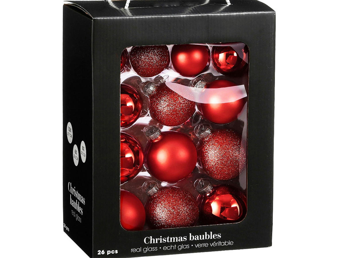 WEIHNACHTSKUGELN 26er-Set rot aus Glas verschiedene Designs, 5-7 cm - Rot, Glas (30/30/50cm) - LAALU
