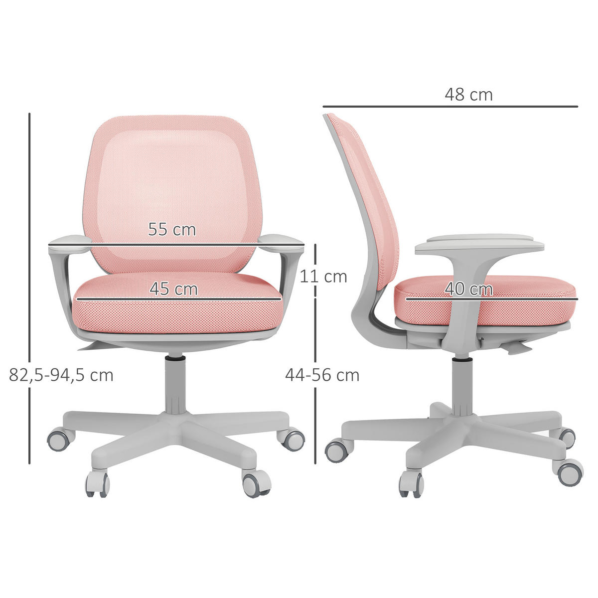 BÜROSTUHL, Ergonomisch Schreibtischstuhl mit Drehfunktion, Höhenverstellbar - Rosa/Weiß, Kunststoff/Textil (48/94.5/55cm) - Vinsetto