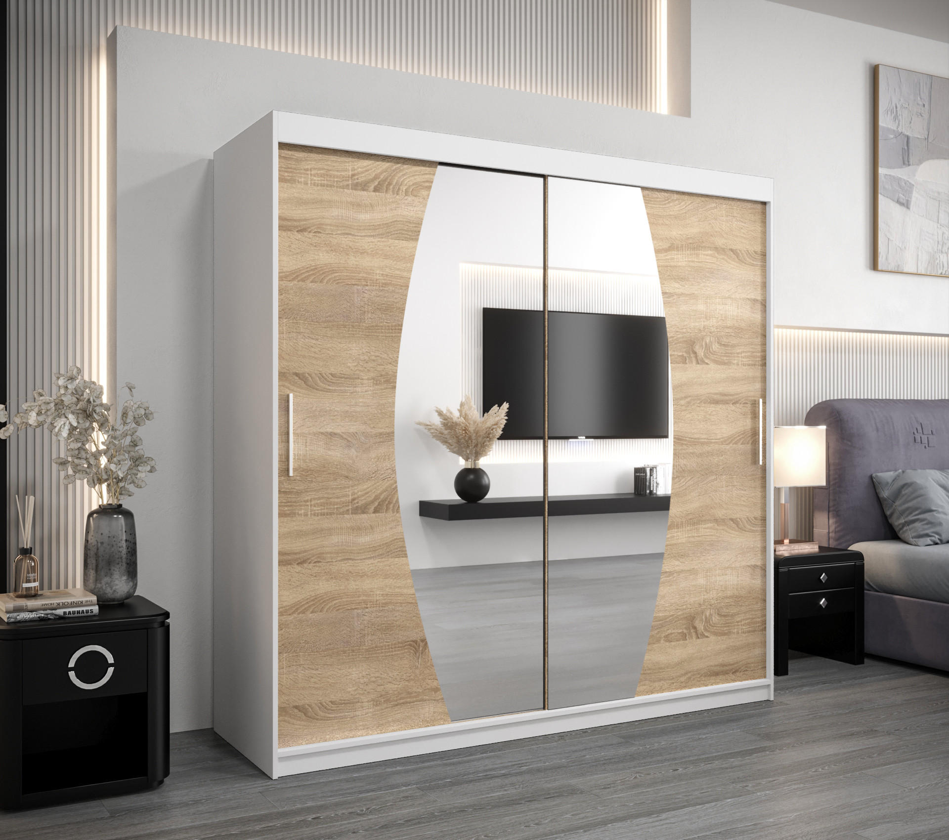 SCHWEBETÜRENSCHRANK 200/200/62 2-türig - Silberfarben/Weiß, Holz/Kunststoff (200/200/62cm) - Abiks Möbel