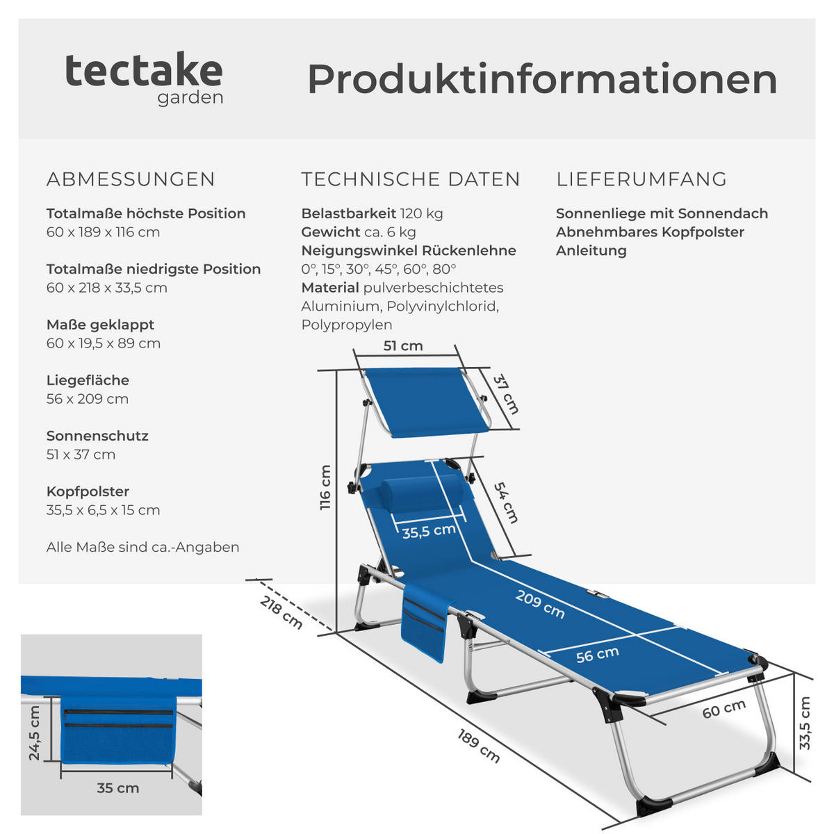 SONNENLIEGE Aurelie,218 x 60 x 33,5 cm, inkl. Seitentasche ,blau - Blau, Kunststoff (60/33.5/218cm) - tectake