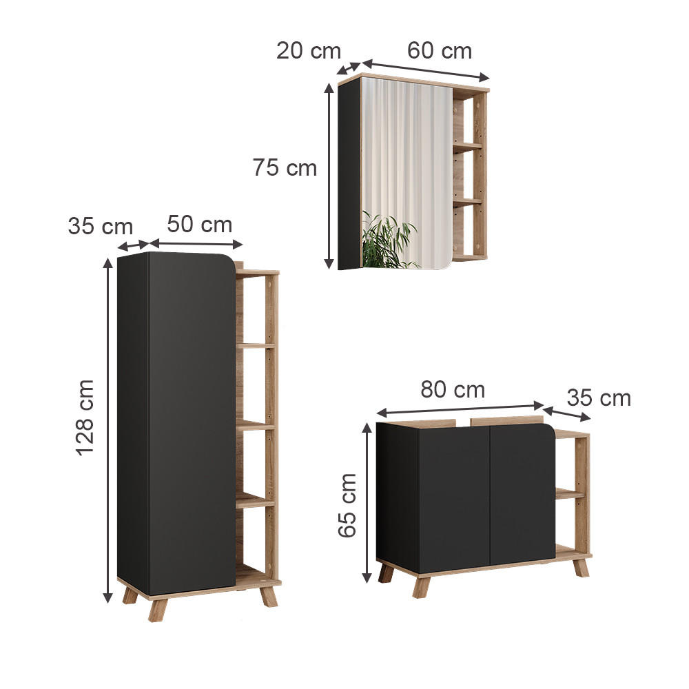 BADMÖBEL-SET Karen Sonoma/Anthrazit 3 Teile - Anthrazit, Holzwerkstoff (80/65/35cm) - Vicco
