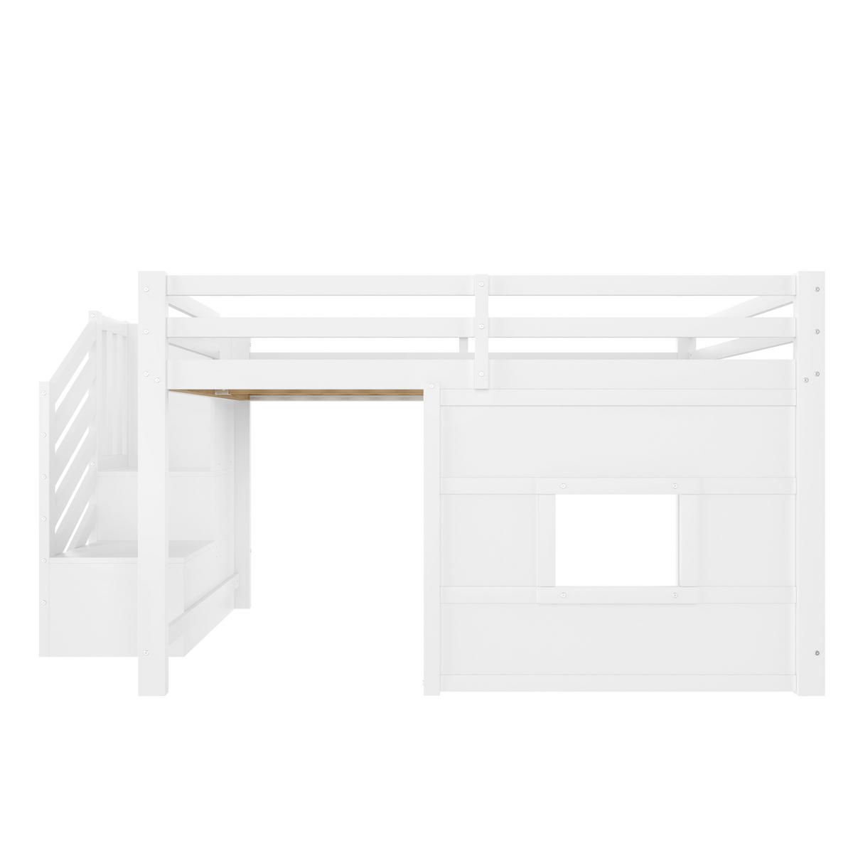 HOCHBETT 140/200 cm weiß aus MDF mit Stauraumtreppe Fenster und LED-Kopfteil - Weiß, Holzwerkstoff (140/200cm) - OKWISH
